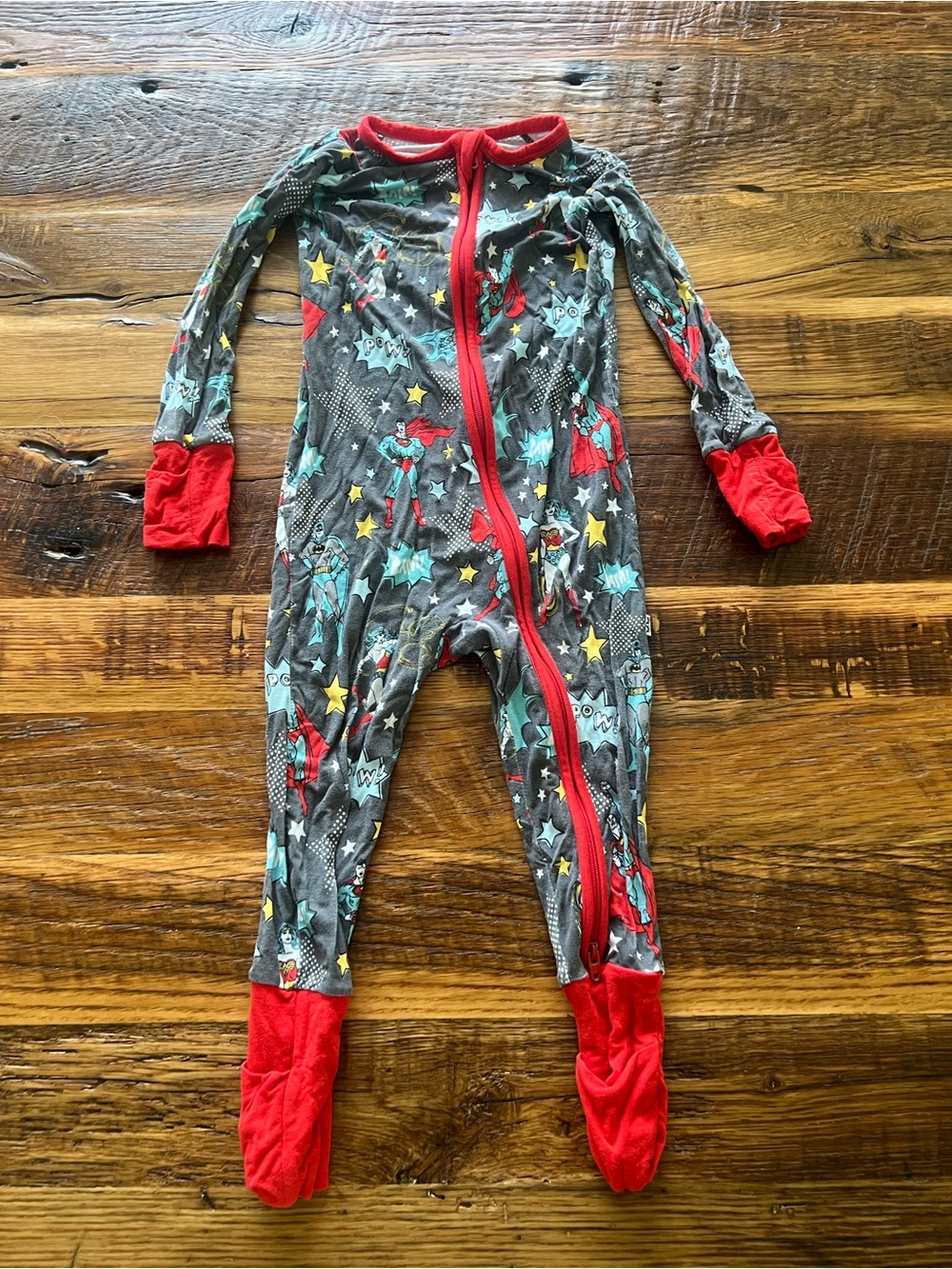 Little Sleepies Gray Superhero Print Footed Pajama with Red Trim